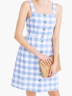 J. Crew Blue and White Gingham Button-Front Mini Dress NWOT checkered cottage